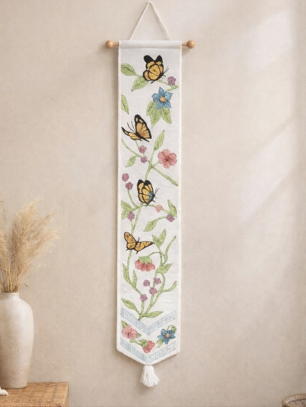 1960s Butterfly Floral Wall Hanging Tapestry 36” Embroidered Boho Decor